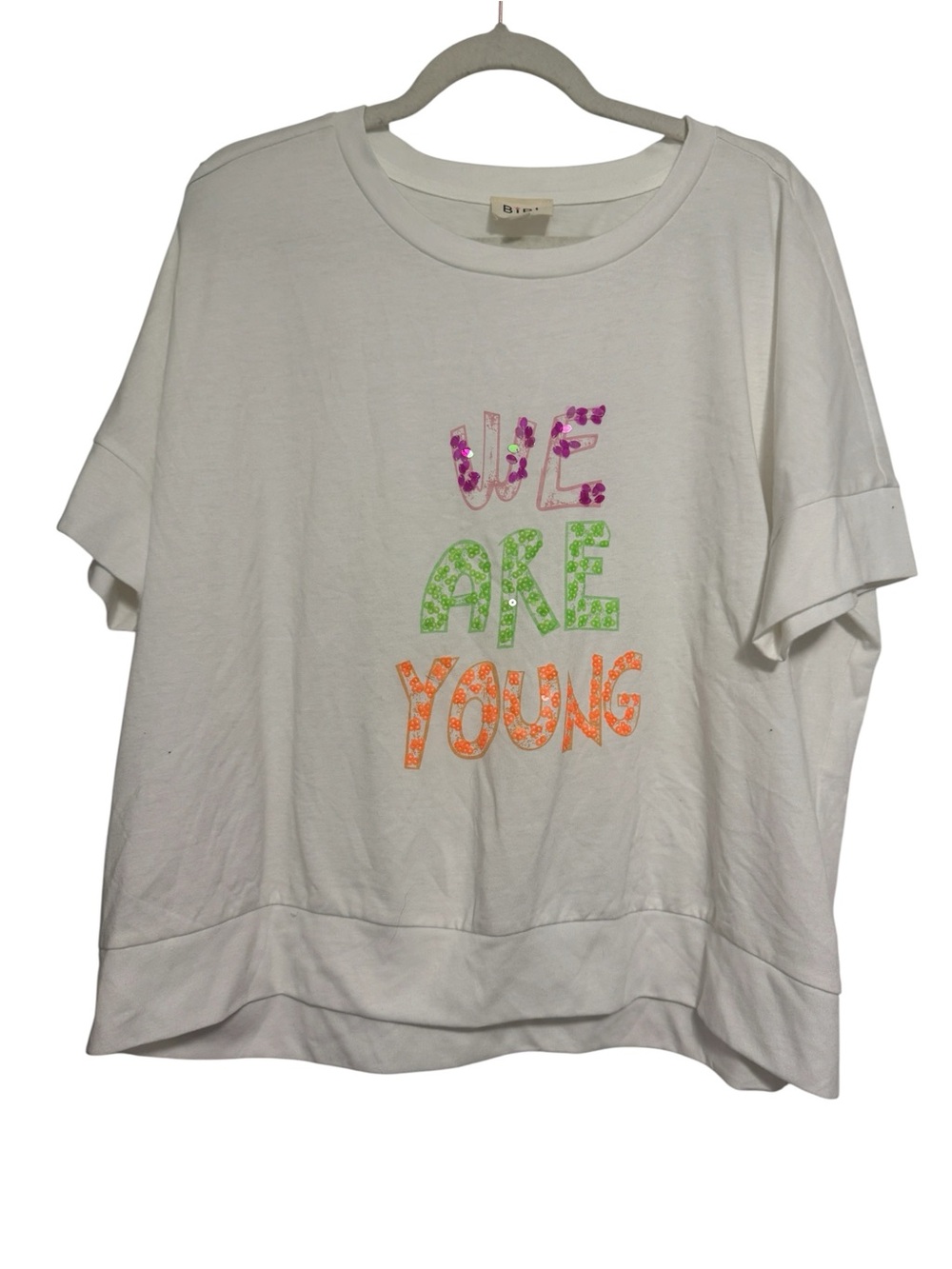 Bibi "We Are Young" Sequin Graphic Tee White Oversized Boutique Top Size Small